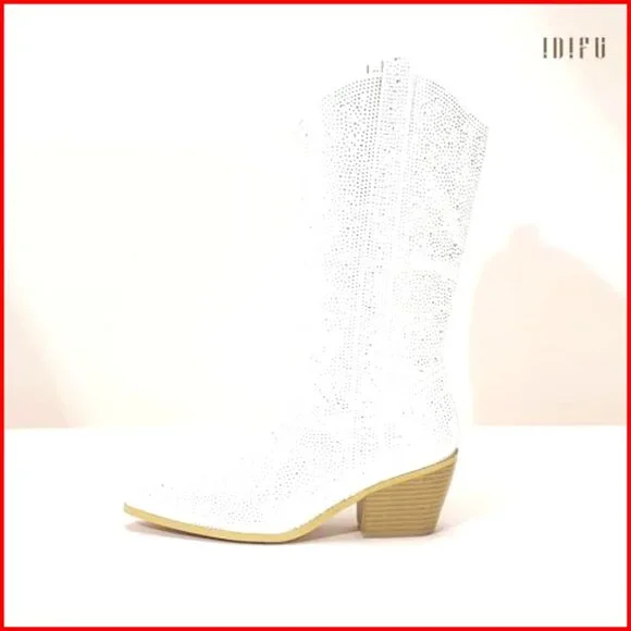 Rhinestone Cowboy Boots Mid Calf Western Sparkly Block Heel Zipper - Picture 6 of 7